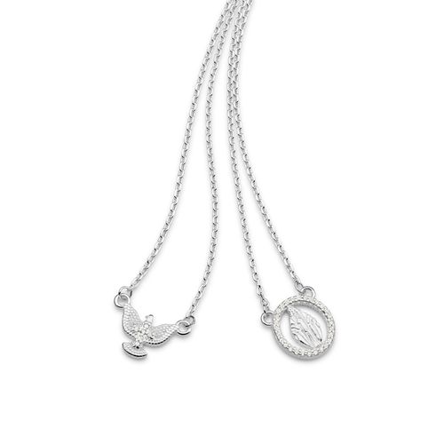 ESCAPULÁRIO NOSSA SENHORA DE FÁTIMA E ESPIRITO SANTO DE PRATA MACIÇA 925 COM ZIRCÔNIAS