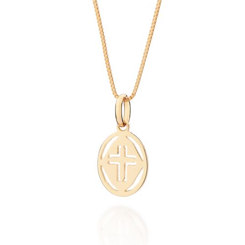 PINGENTE OVAL COM CRUZ VAZADA BANHADO A OURO 18K