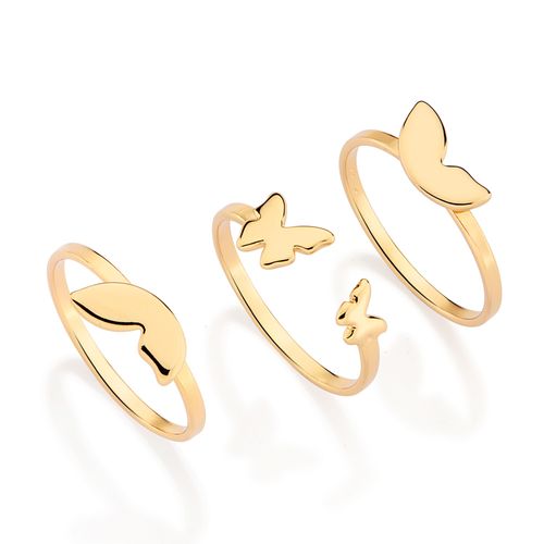 ANEL TRIPO BORBOLETAS BANHADO A OURO 18K