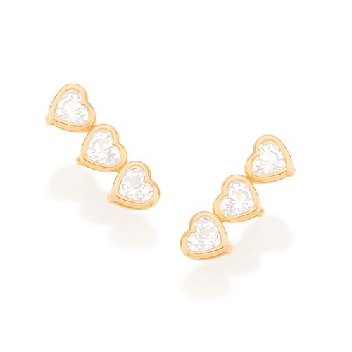 BRINCO EAR CUFF CORAÇÕES BANHADO A OURO 18K COM ZIRCÔNIAS
