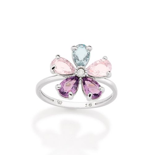 ANEL FLOR BANHADO A PLATINA COM ZIRCÔNIA E CRISTAIS