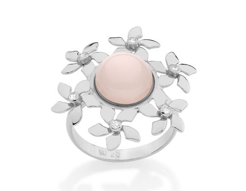 ANEL FLOR BANHADO A RHODIUM COM ZIRCÔNIAS E PÉROLA