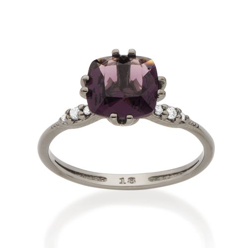 ANEL SOLITÁRIO BANHADO A RHODIUM NEGRO COM ZIRCÔNIAS E CRISTAL LILÁS AMETISTA