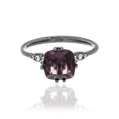ANEL SOLITÁRIO BANHADO A RHODIUM NEGRO COM ZIRCÔNIAS E CRISTAL LILÁS AMETISTA