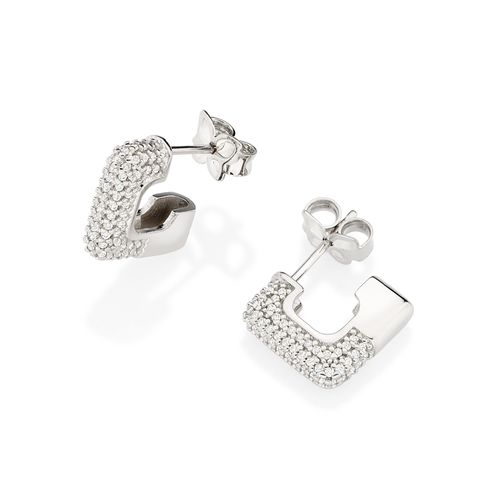 BRINCO MEIA ARGOLA QUADRADA BANHADA A PLATINA COM ZIRCÔNIAS