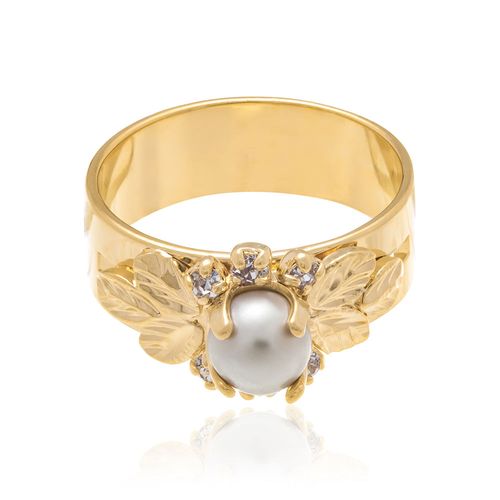 ANEL BANHADO A OURO 18K COM CRISTAIS E PÉROLA