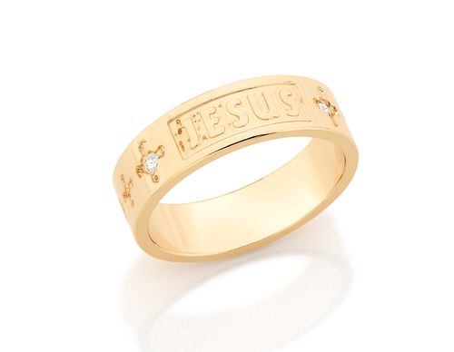 ALIANÇA JESUS E CRUZ BANHADA A OURO 18K COM ZIRCÔNIAS
