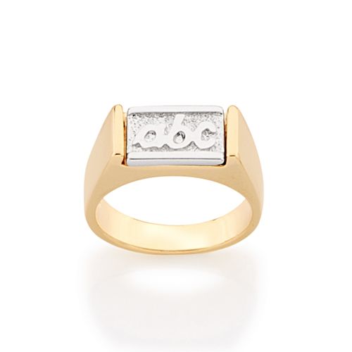 ANEL BANHADO A OURO 18K COM LETRA ABC EM APLICAÇÃO DE RHODIUM