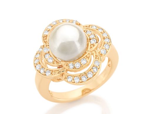 ANEL BANHADO A OURO 18K COM PÉROLA E ZIRCÔNIAS
