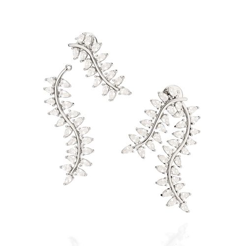 BRINCO EAR JACKET FOLHAS BANHADO A PLATINA COM ZIRCÔNIAS