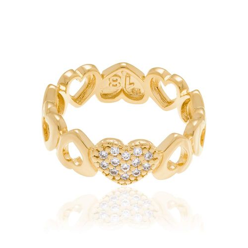 ANEL BANHADO A OURO 18K COM ARO NO FORMATO DE CORAÇÕES COM ZIRCÔNIAS