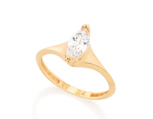 ANEL SOLITÁRIO BANHADO A OURO 18K COM ZIRCÔNIA NAVETE