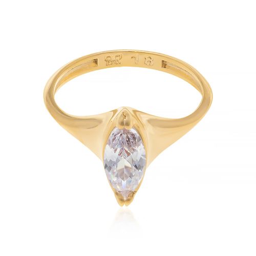 ANEL SOLITÁRIO BANHADO A OURO 18K COM ZIRCÔNIA NAVETE