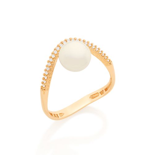 ANEL BANHADO A OURO 18K CURVADO COM ZIRCÔNIAS E PÉROLA