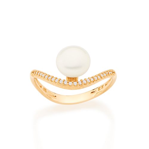 ANEL BANHADO A OURO 18K CURVADO COM ZIRCÔNIAS E PÉROLA