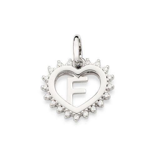 PINGENTE CORAÇÃO COM LETRA BANHADO A PLATINA COM ZIRCÔNIAS-LETRA F