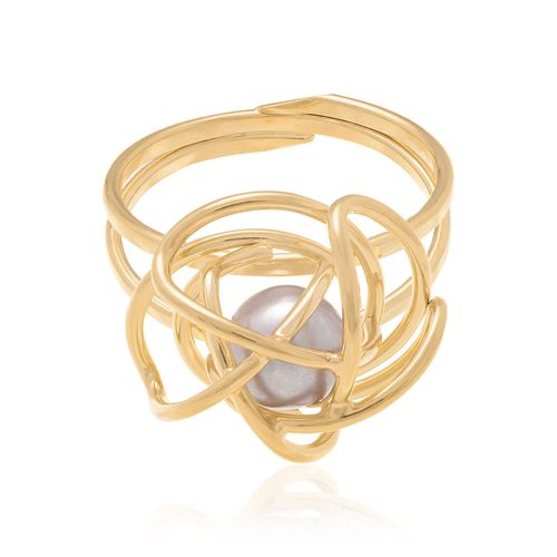 ANEL ARO DUPLO COM GLOBO BANHADO A OURO 18K E PÉROLA SINTÉTICA