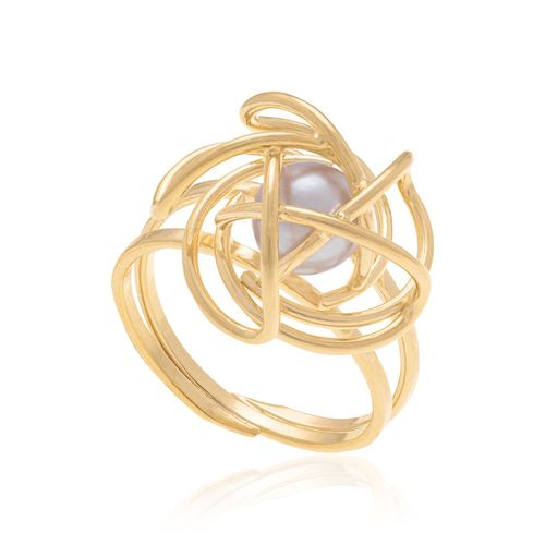 ANEL ARO DUPLO COM GLOBO BANHADO A OURO 18K E PÉROLA SINTÉTICA