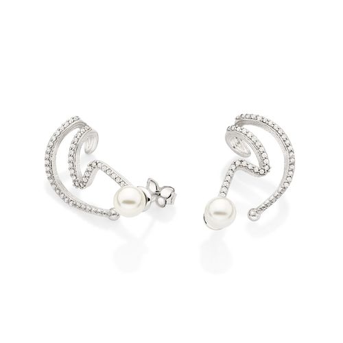 BRINCO EAR CUFF ABSTRATO BANHADO A PLATINA COM ZIRCÔNAIS E PÉROLAS SINTÉTICAS