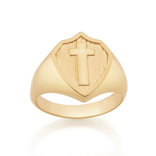 ANEL MASCULINO BANHADO A OURO 18K ESCUDO COM CRUZ