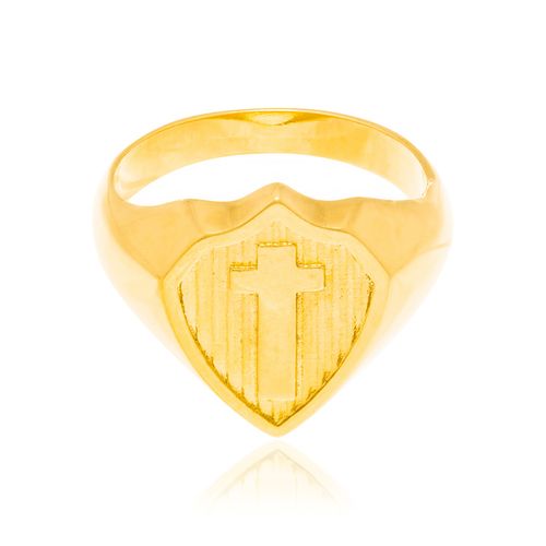 ANEL MASCULINO BANHADO A OURO 18K ESCUDO COM CRUZ
