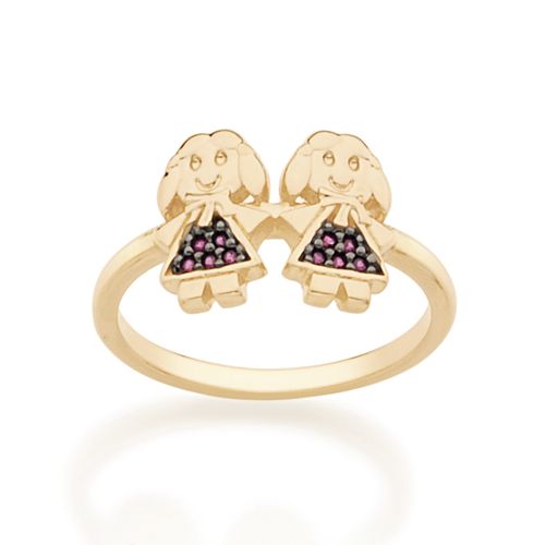 ANEL DUAS MENINAS BANHADO A OURO 18K COM ZIRCÔNIAS E APLICAÇÃO DE RHODIUM NEGRO