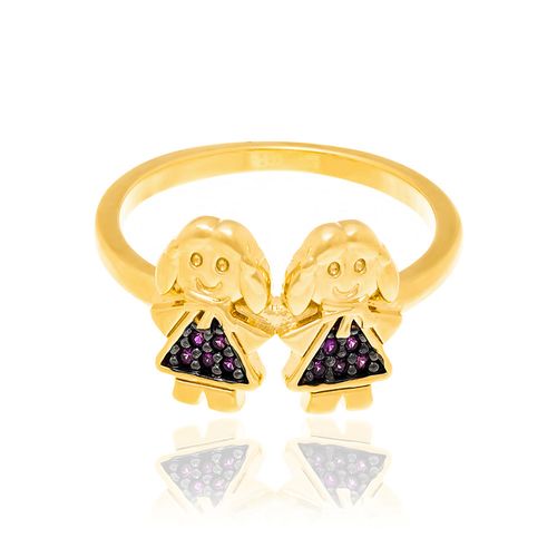 ANEL DUAS MENINAS BANHADO A OURO 18K COM ZIRCÔNIAS E APLICAÇÃO DE RHODIUM NEGRO