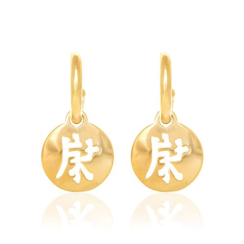 BRINCO MEIA ARGOLA IDEOGRAMA PAZ BANHADO A OURO 18K