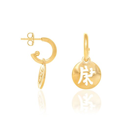 BRINCO MEIA ARGOLA IDEOGRAMA PAZ BANHADO A OURO 18K