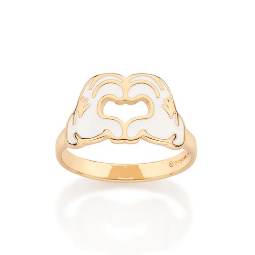 ANEL CORAÇÃO COM MÃOS MICKEY BANHADO A OURO 18K COM APLICAÇÃO DE RESINA