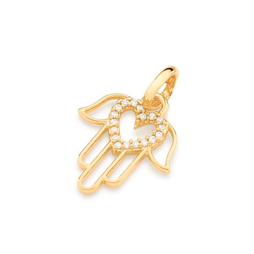 PINGENTE MÃO DE FÁTIMA COM CORAÇÃO BANHADO A OURO 18K