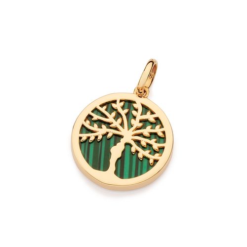 PINGENTE ÁRVORE DA VIDA BANHADO A OURO 18K COM PEDRA MALAQUITA SINTÉTICA