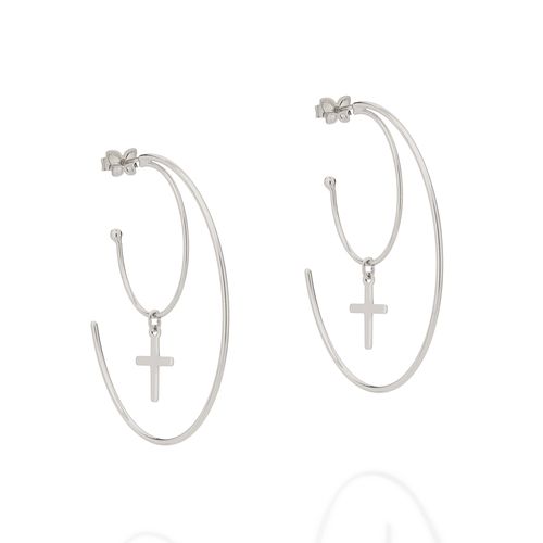 BRINCO MEIA ARGOLA DUPLA BANHADO A RHODIUM COM CRUZ