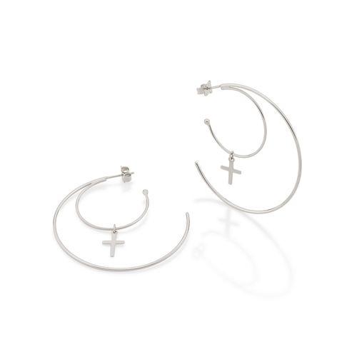 BRINCO MEIA ARGOLA DUPLA BANHADO A RHODIUM COM CRUZ