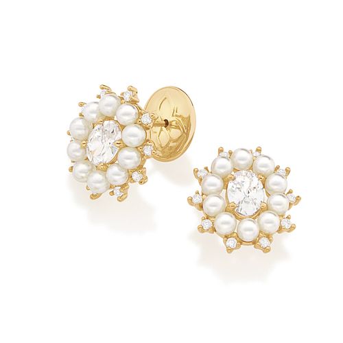 BRINCO BOTÃO DE FLOR BANHADO A OURO 18K FLOR COM PÉROLAS E CRISTAL