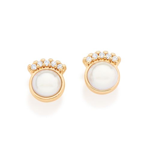 BRINCO BANHADO A OURO 18K COM PÉROLA SINTÉTICA E ZIRCÔNIAS