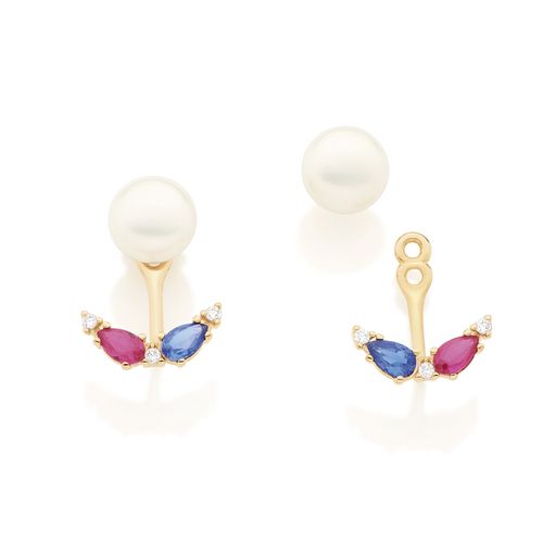 BRINCO EAR JACKET BANHADO A OURO 18K COM ZIRCÔNIAS E PÉROLAS SINTÉTICAS