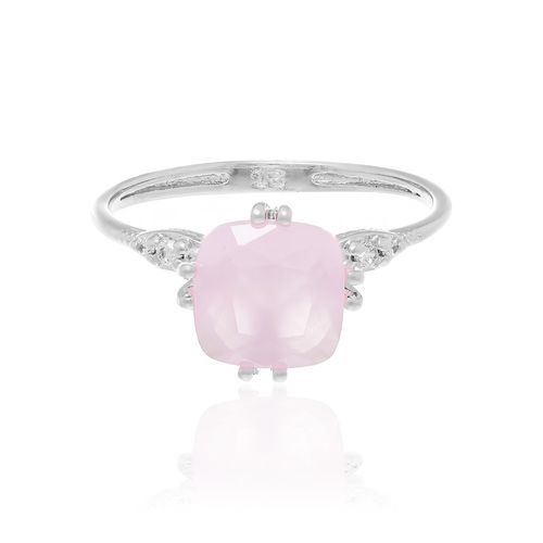 ANEL SOLITÁRIO BANHADO A RHODIUM COM ZIRCÔNIAS E CRISTAL ROSA