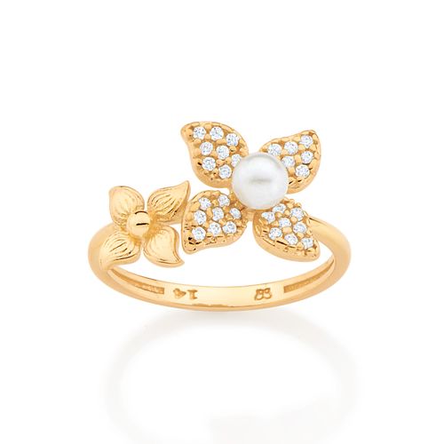 ANEL FLORES BANHADO A OURO 18K COM ZIRCÔNIAS E PÉROLAS SINTÉTICAS