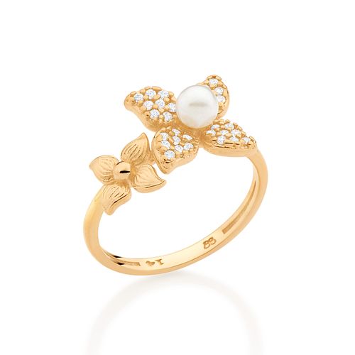 ANEL FLORES BANHADO A OURO 18K COM ZIRCÔNIAS E PÉROLAS SINTÉTICAS