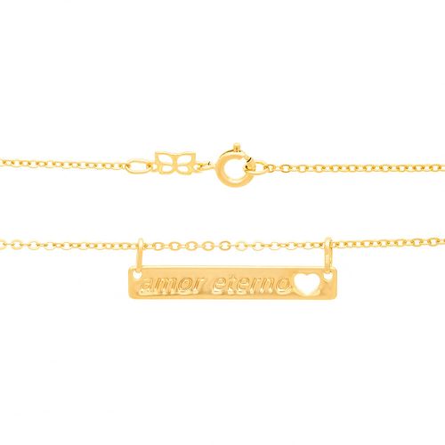 GARGANTILHA BANHADA A OURO 18K PLACA COM CORAÇÃO VAZADO E ESCRITA AMOR ETERNO