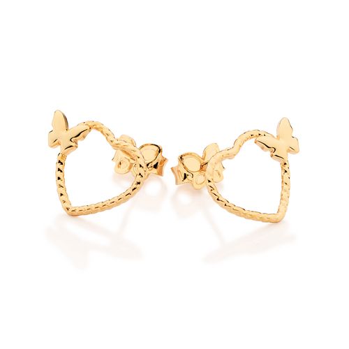 BRINCO CORAÇÃO VAZADO E TORCIDO COM BORBOLETAS BANHADO A OURO 18K