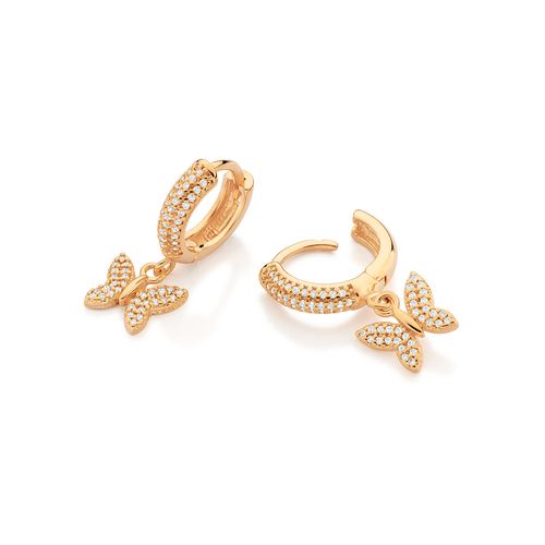 BRINCO ARGOLA BORBOLETA BANHADO A OURO 18K COM ZIRCÔNIAS