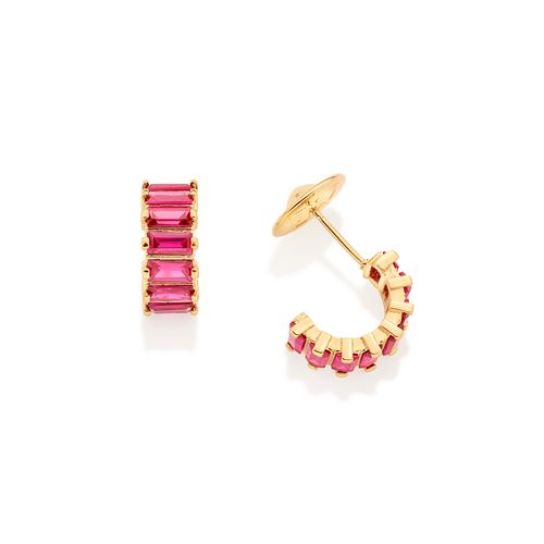 BRINCO MEIA ARGOLA BANHADA A OURO 18K COM ZIRCÔNIAS RETANGULARES