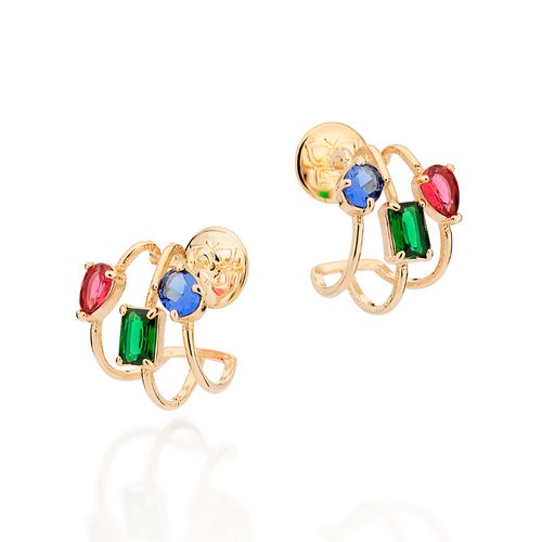 BRINCO MEIA ARGOLA TRIPLA BANHADA A OURO 18K COM CRISTAIS