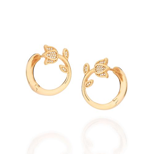 BRINCO CIRCULAR FLOR TULÍPA BANHADO A OURO 18K COM ZIRCÔNIAS