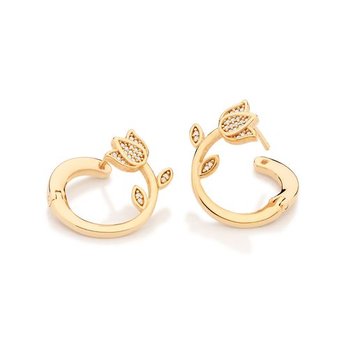 BRINCO CIRCULAR FLOR TULÍPA BANHADO A OURO 18K COM ZIRCÔNIAS