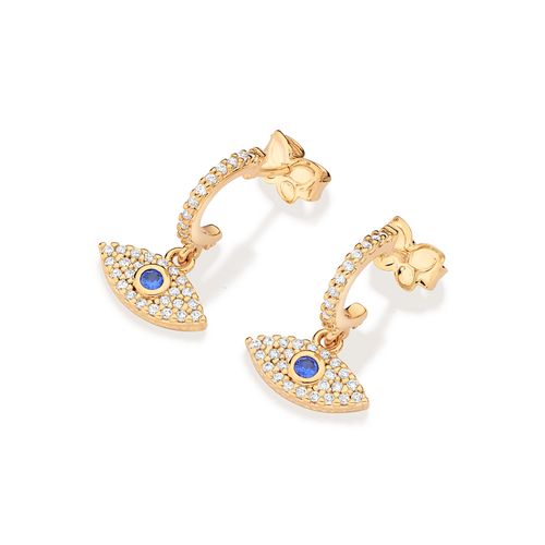 BRINCO MEIA ARGOLA OLHO GREGO BANHADO A OURO 18K COM ZIRCÔNIAS