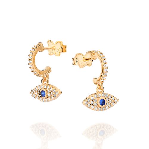 BRINCO MEIA ARGOLA OLHO GREGO BANHADO A OURO 18K COM ZIRCÔNIAS