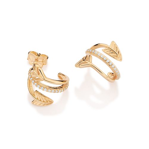 BRINCO MEIA ARGOLA TRIPLA COM FLEXA BANHADO A OURO 18K COM ZIRCÔNIAS